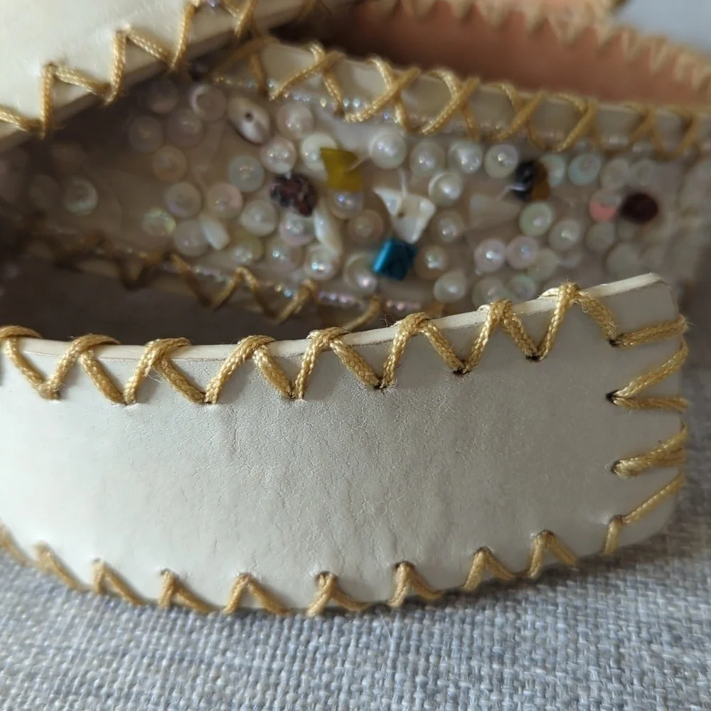 Ivory Genuine Leather Beaded Belt Gold Whipstitch Sequin Boho Western